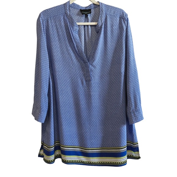 Cynthia Rowley Tops - Cynthia Rowley Woman Blue Geometric V-Neck Tunic Blouse 1X Rayon 3/4 Sleeve